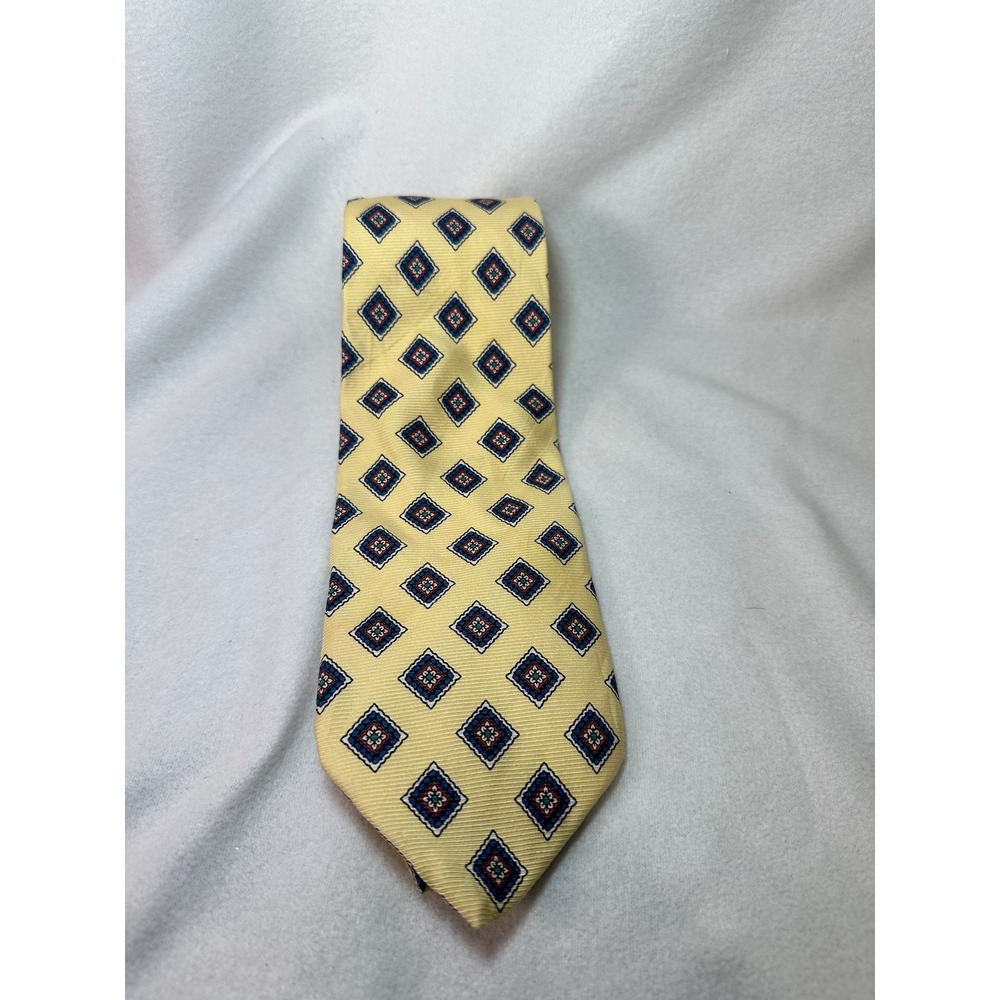 Brooks‎ Brothers Makers Mens Silk Tie Yellow Geometric Medallion Made in USA